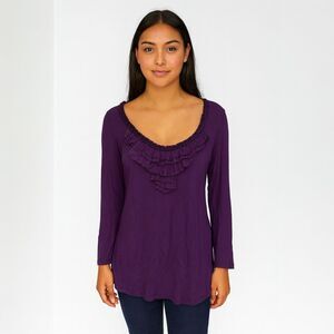 Forever Fashion Petite Solid Purple Round Neck Ruffle quarter Sleeve Spandex PXL